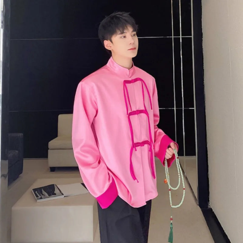 Chinese Style Buckle Stand Collar Shirt