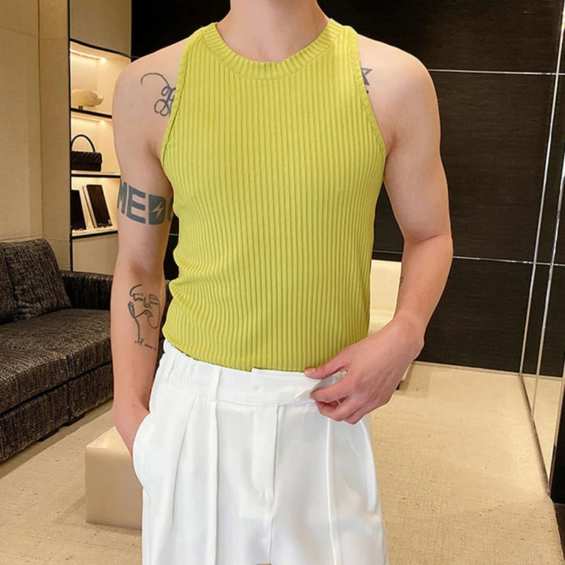 Solid Elastic Knitted O-Neck Tank Top