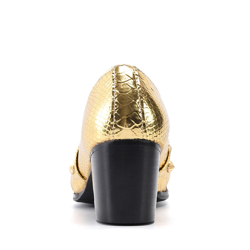 Luxurious Gold Leather with Rivets and Stripes Shoes
