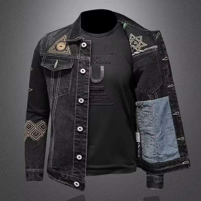 Black Embroidered Motorcycle Denim Jacket