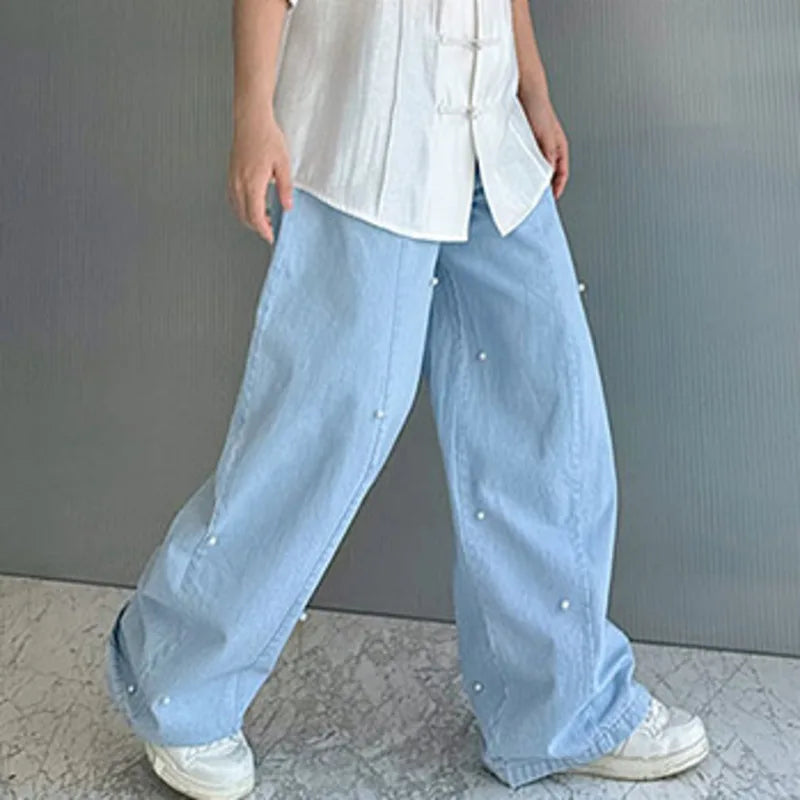 Beads Decoration Wide Leg Denim Jeans