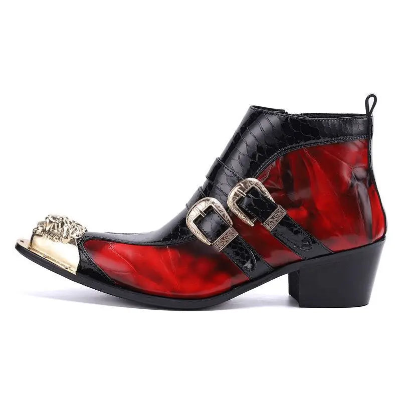 Croc-Textured Buckled Metal Toe Boots