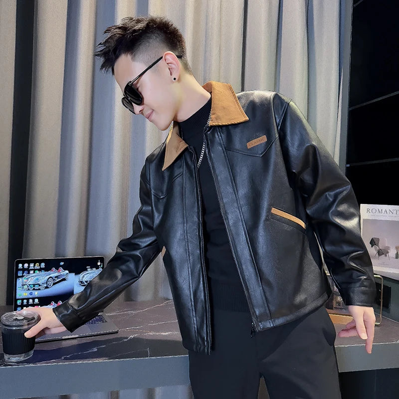Contrasting Lapel PU Leather Jacket