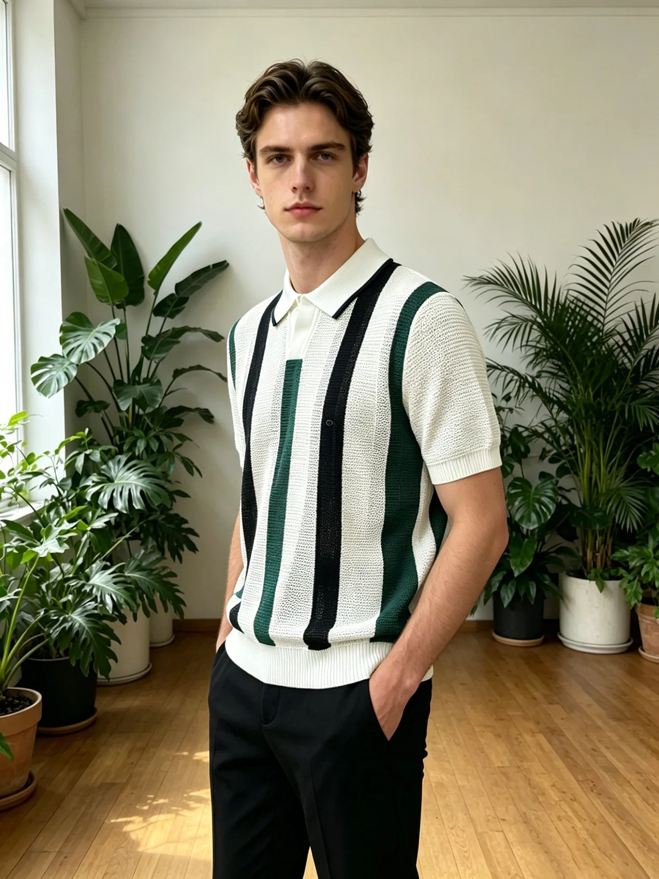 Vertical Stripe Knitted Polo Shirt