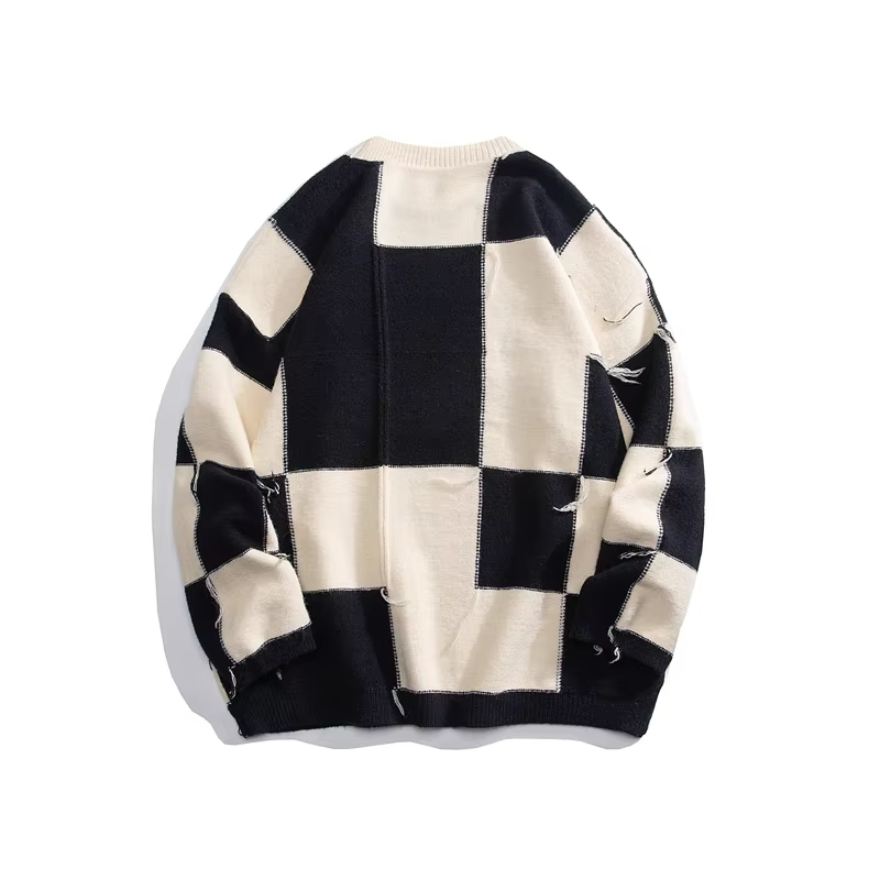 Checkerboard Round Neck Knitted Sweater