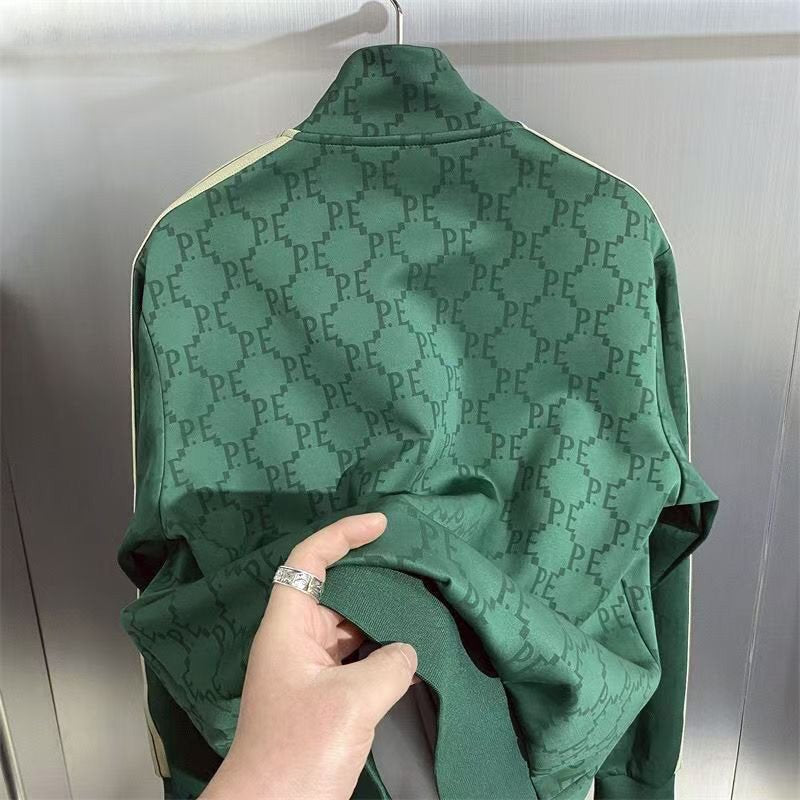 Green Geometric Stand Collar Jacket