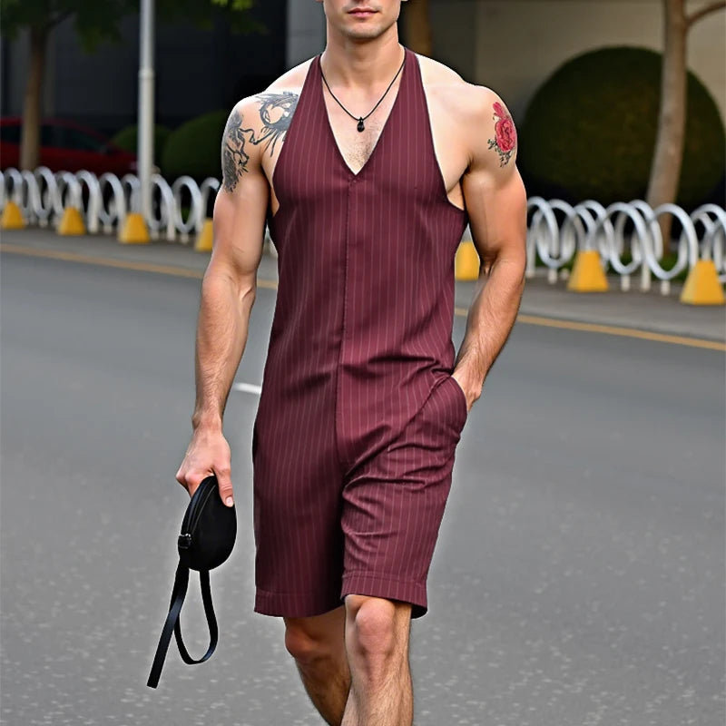 Striped Pattern Sleeveless V-Neck Romper