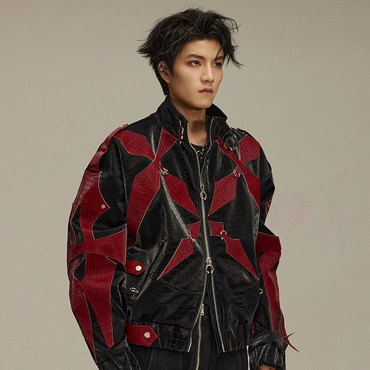 Red Black Patchwork Pu Leather Jacket