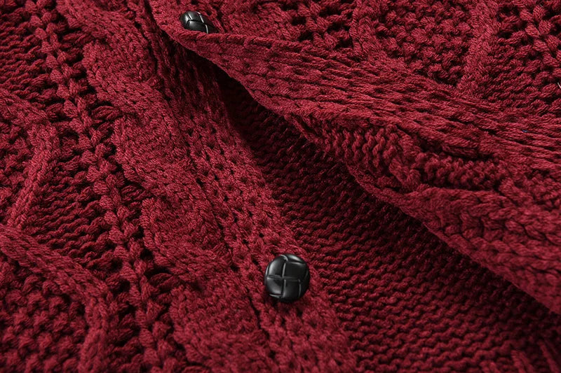 Solid Fitted Cable-knit Stand Collar Cardigan