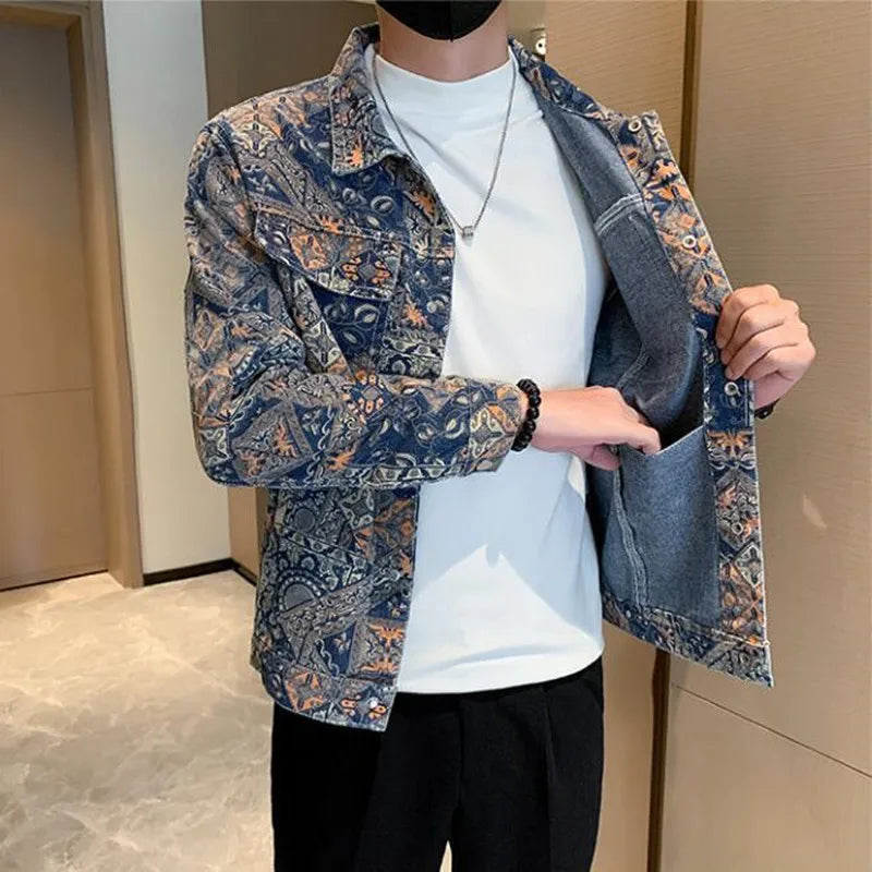 Geometric Pattern Casual Denim Jacket