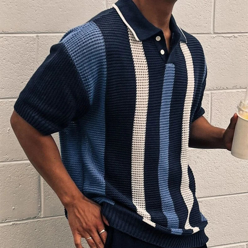 Stylish Striped Hollow Out Knit Polo Shirt