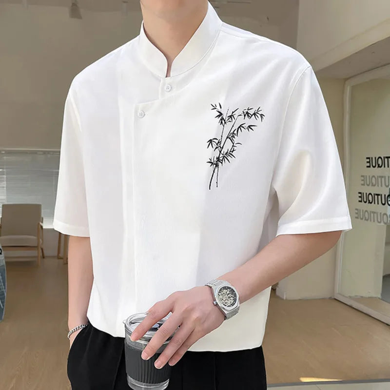 Solid Chest Embroidery Stand Collar Shirt