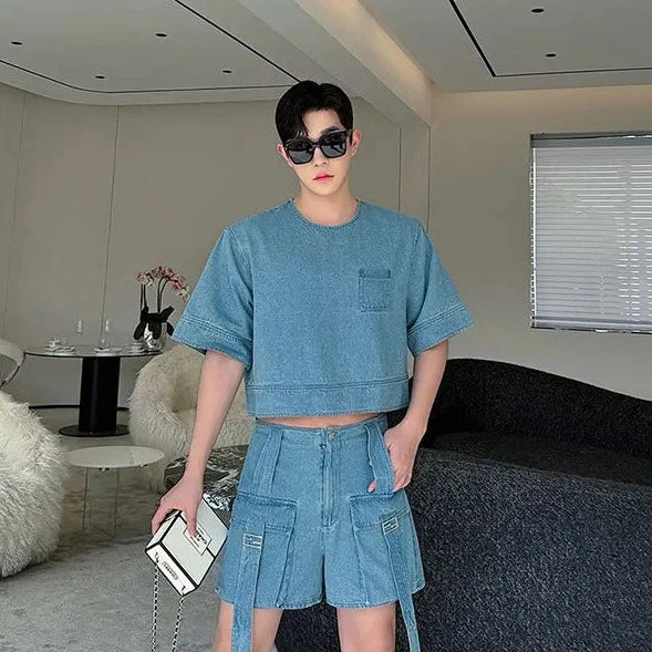 Solid Casual Denim Cargo Short Set