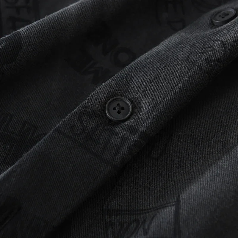 Black Washed Denim Letter Printed Shirt