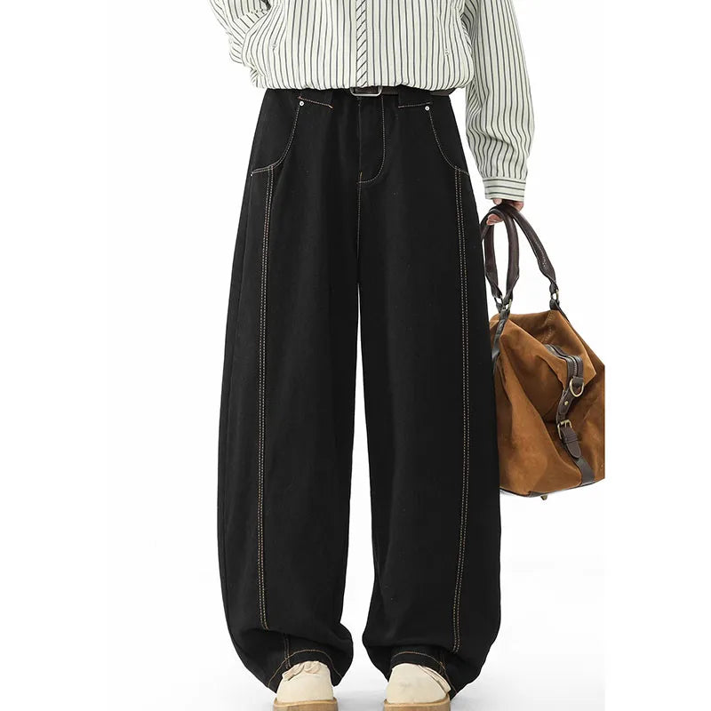 Casual Black Stitch Wide-Leg Jeans