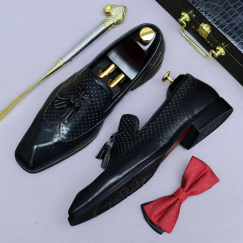 Tassel Hollow Dots Leather Wingtip Loafers