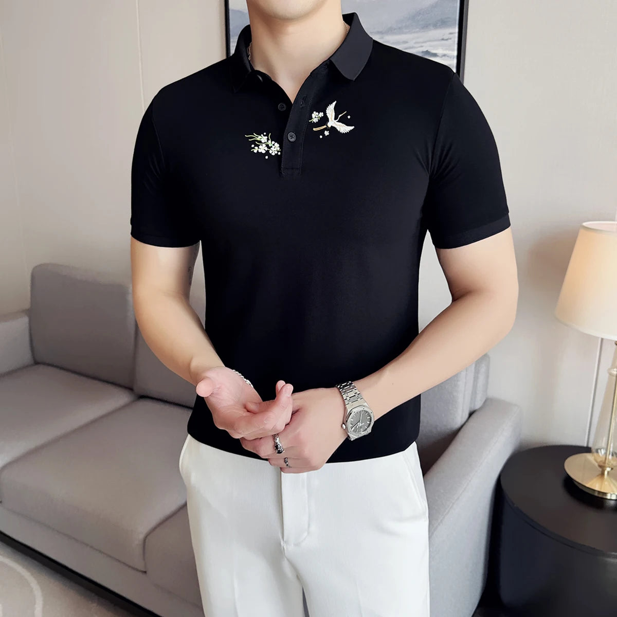 Bird & Flower Embroidered Polo Shirt