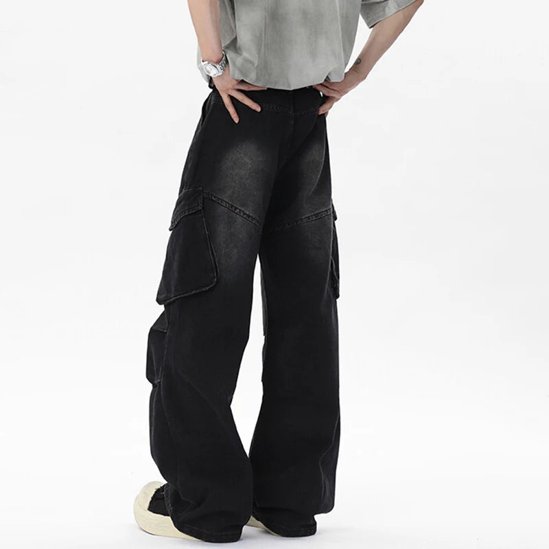 Casual Pleated Pockets Wide Leg Jeans