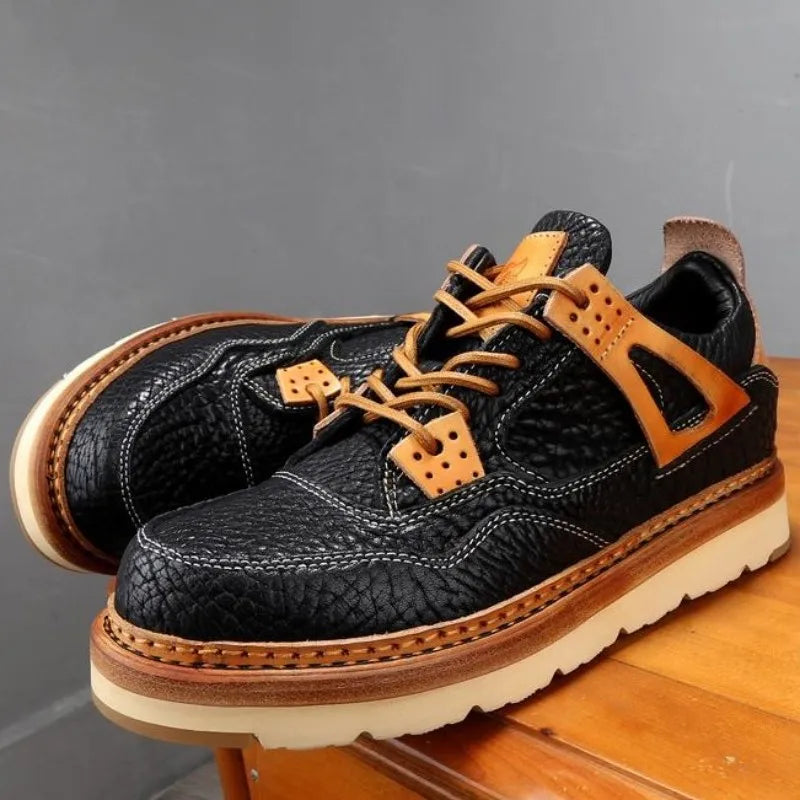 Black Leather Platform Lace-Up Sneakers