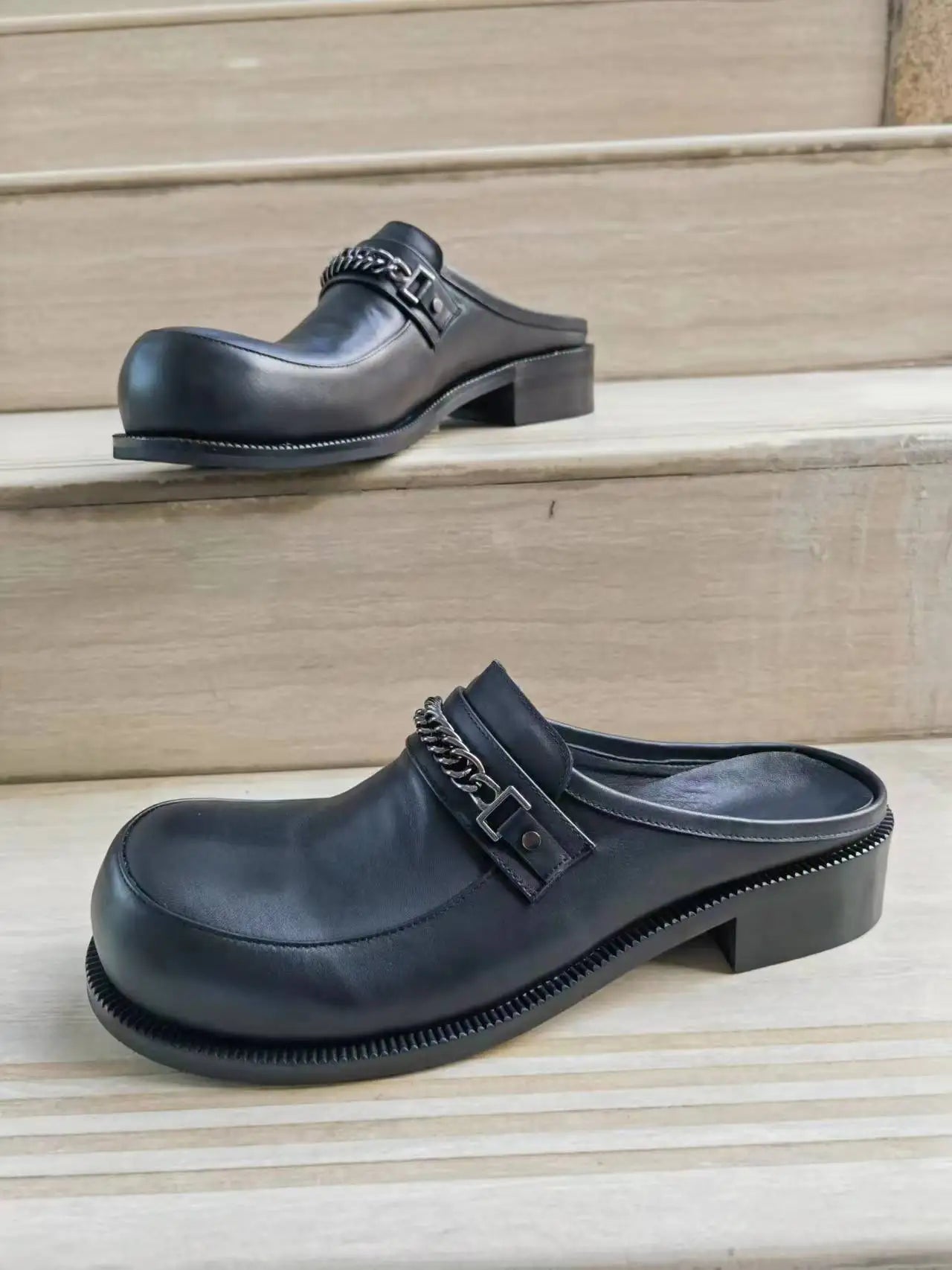 Chunky Metal Button Chain Mules Shoes