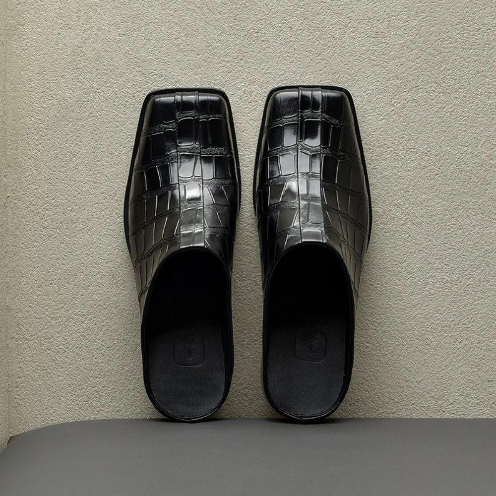 Square Toe Crocodile Skin Mules Shoes