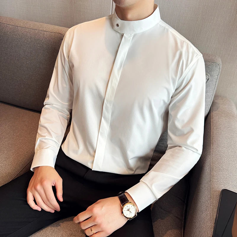 Stand Collar Covered Button Shirt