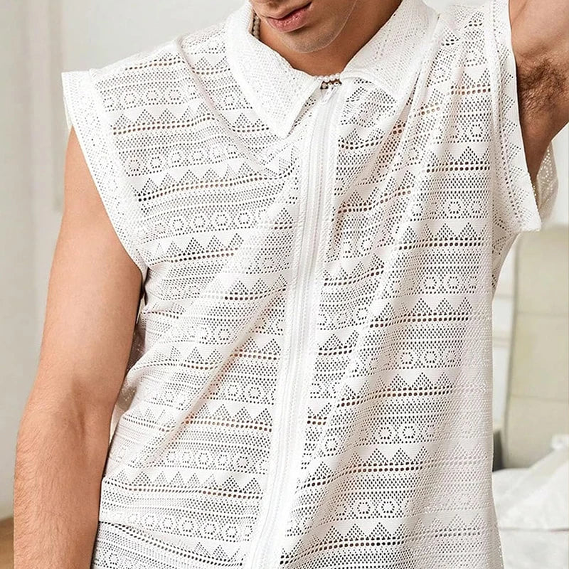 White Geometric Zipper Tank Top