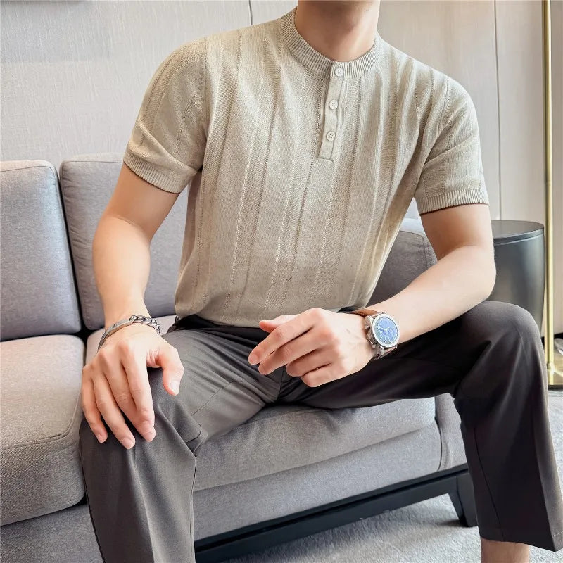 Summer Linen Blend Henry Collar T-Shirt