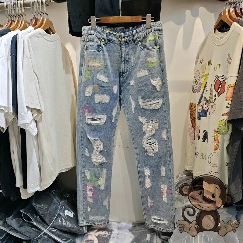 Fluorescent Green Letter Embroidery Jeans