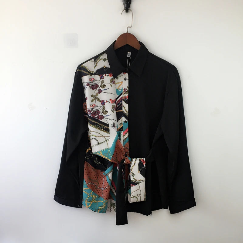 Irregular Ribbon Patchwork Geometric Printed Shirt