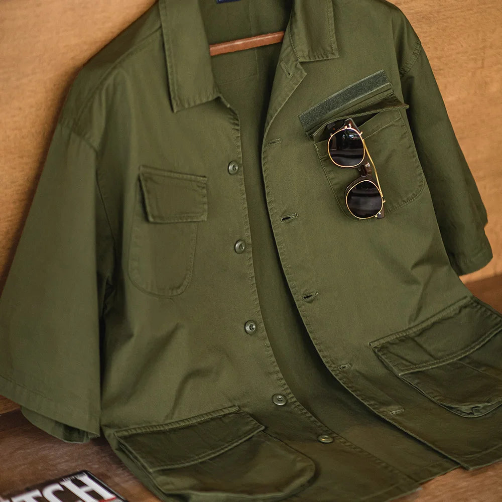 Army-Green Four Pockets Short Sleeve Shirt