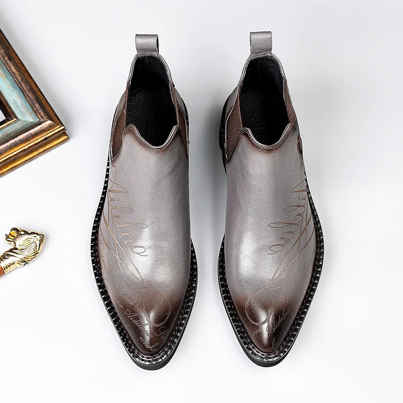 Pointed-Toe Carved Leather Chelsea Boots