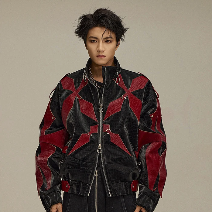 Red Black Patchwork Pu Leather Jacket