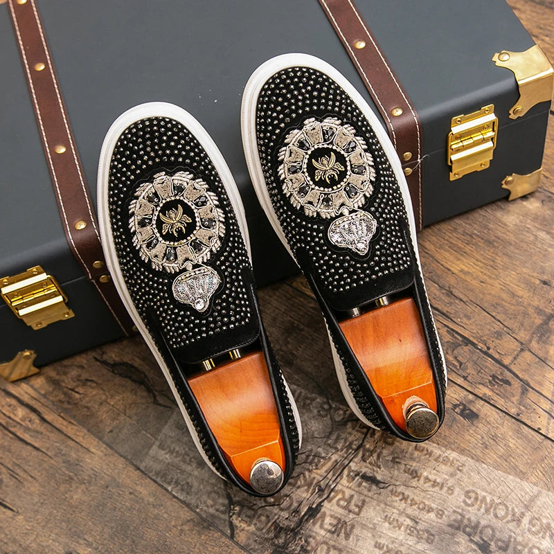 Embroidery With Rhinestone Spikes Loafers