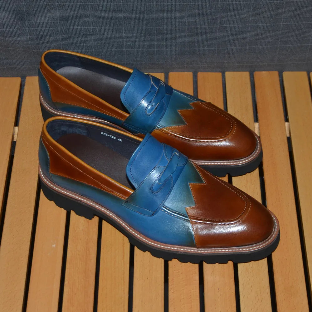 Blue Brown Genuine Leather Men's Loafers