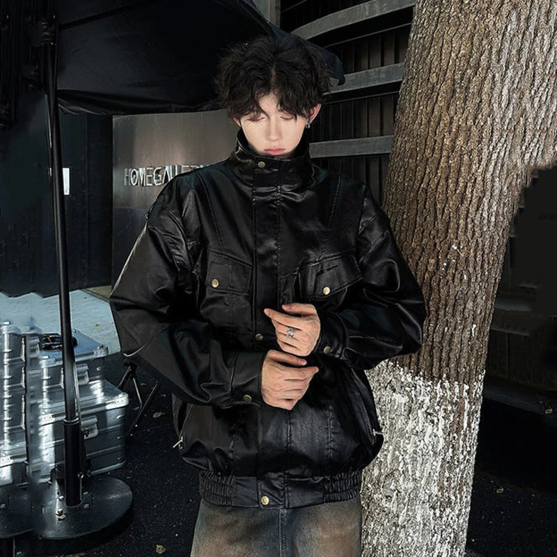 Black Solid Color PU Leather Jacket