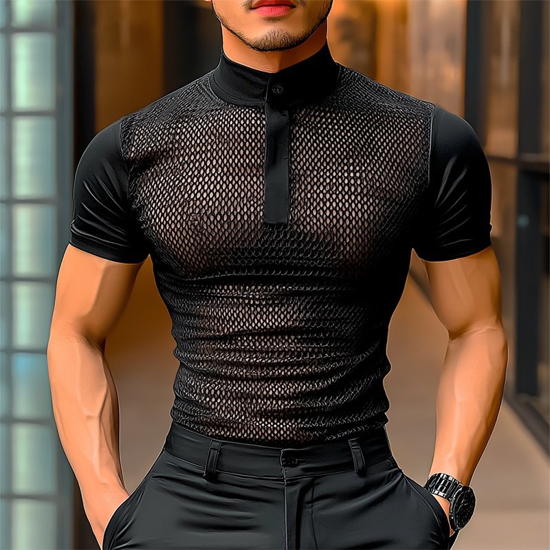 Mesh Patchwork Transparent Turtleneck T-Shirt