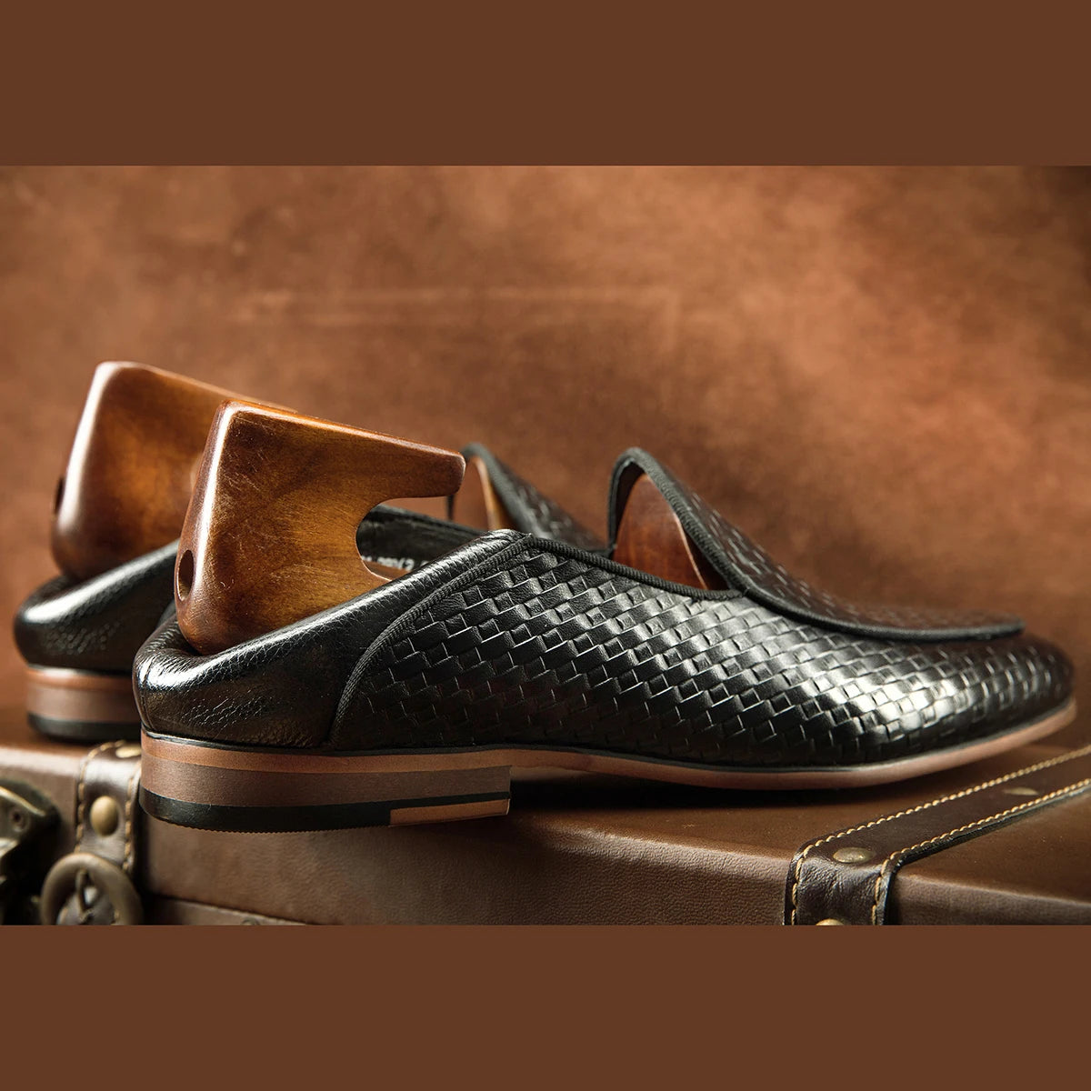 Black Woven Genuine Leather Loafers