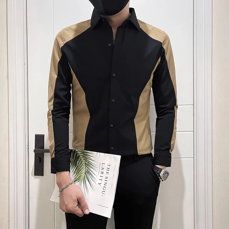 Gold Patchwork Color Long-Sleeved Shirt