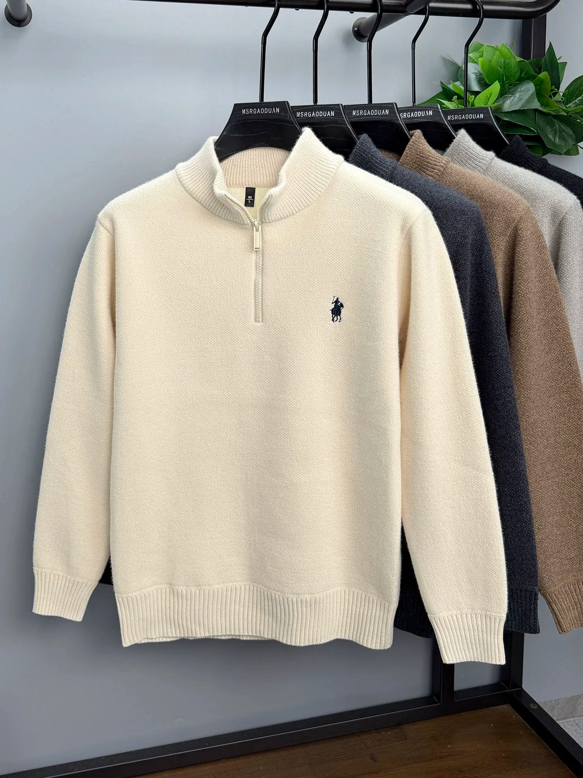 Solid Embroidery Half Zip Stand Collar Sweater