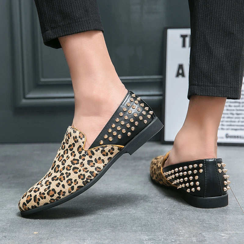 Leopard Pattern Rivet Men's Loafers
