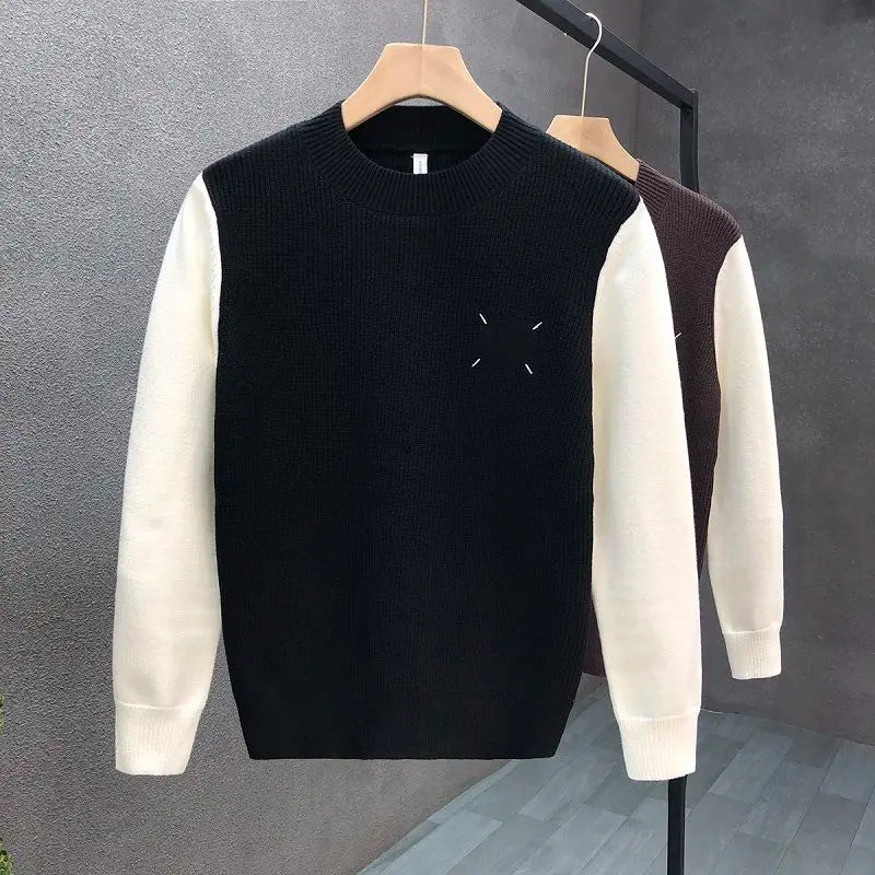 Solid Spliced Round Neck Sweater