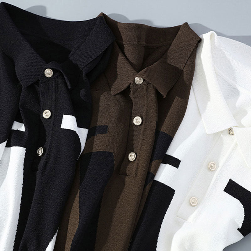 Casual Knitted Contras Letter Polo Shirt