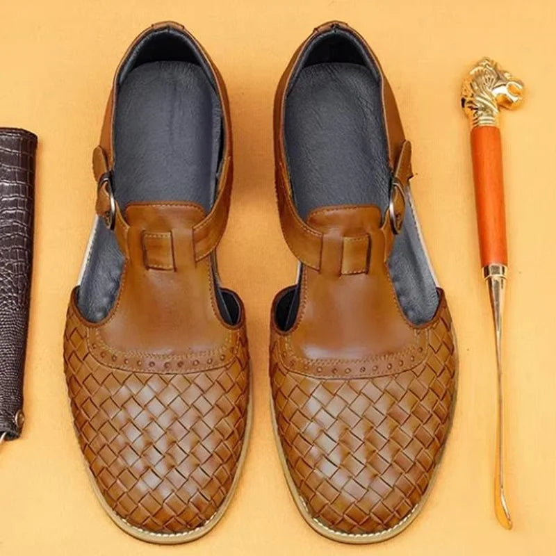Retro Woven Pattern Leather Shoes