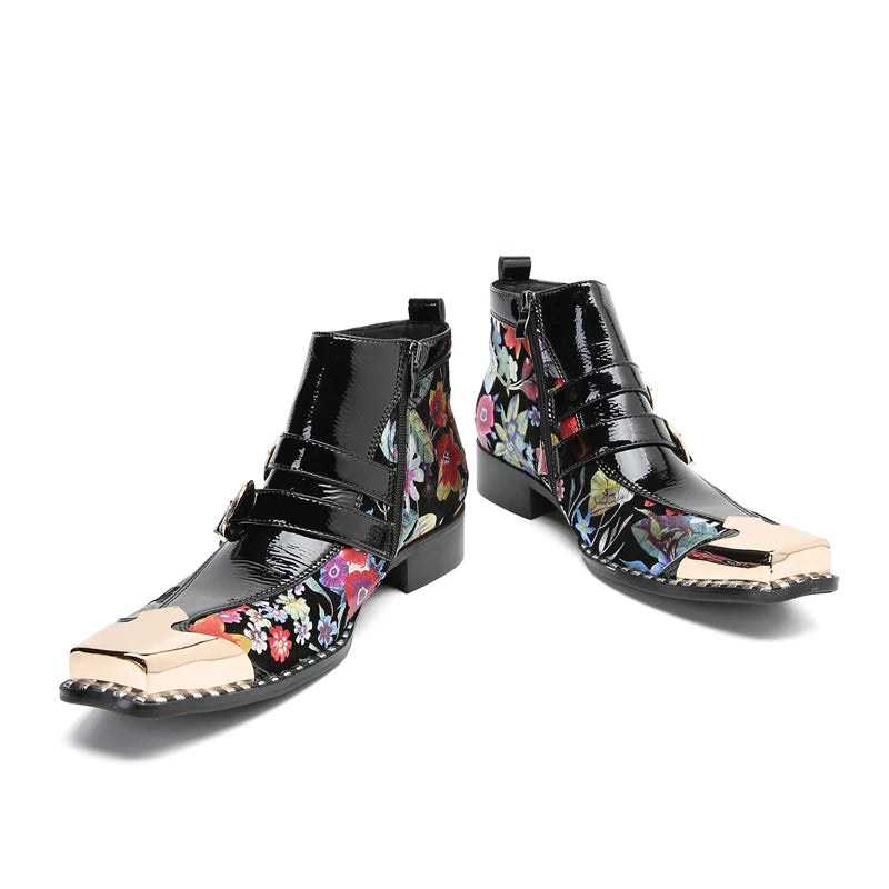 Floral Punk Style Genuine Leather Boots