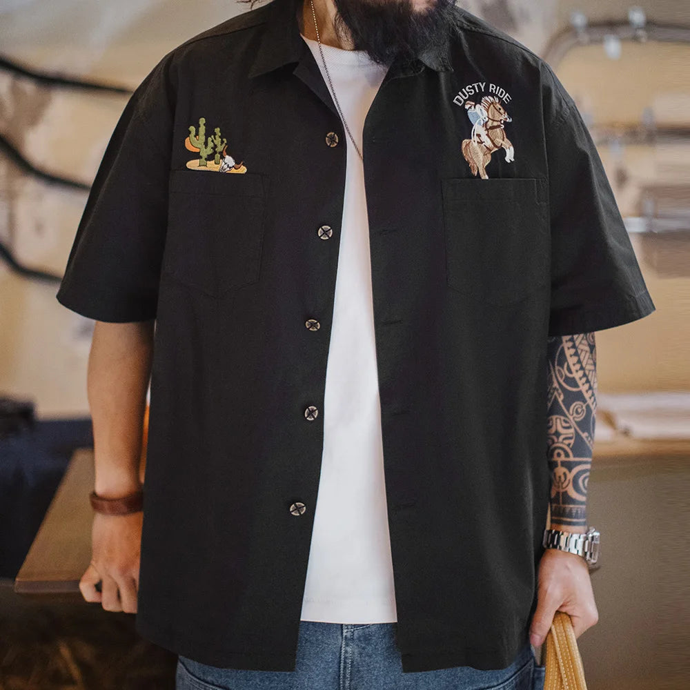 Single-Breasted Embroidered Black Cotton Shirt