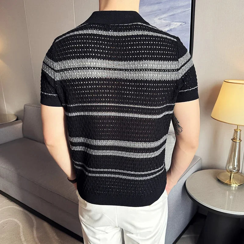 Stripe Knitted Hollow Men's Polo Shirt
