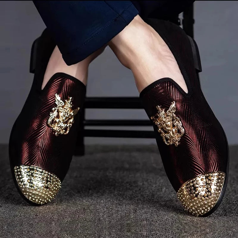 Red Steel-Toed Metal Appliques Loafers