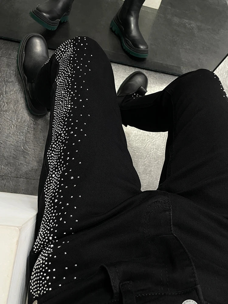 Solid Black Side Rhinestone Jeans