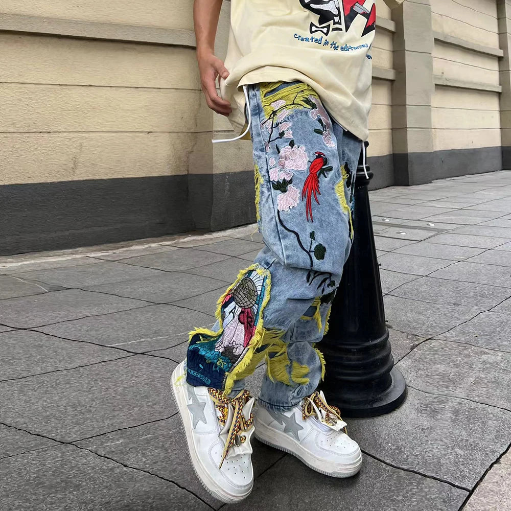 Painting Embroidered Patch Ripped Jeans